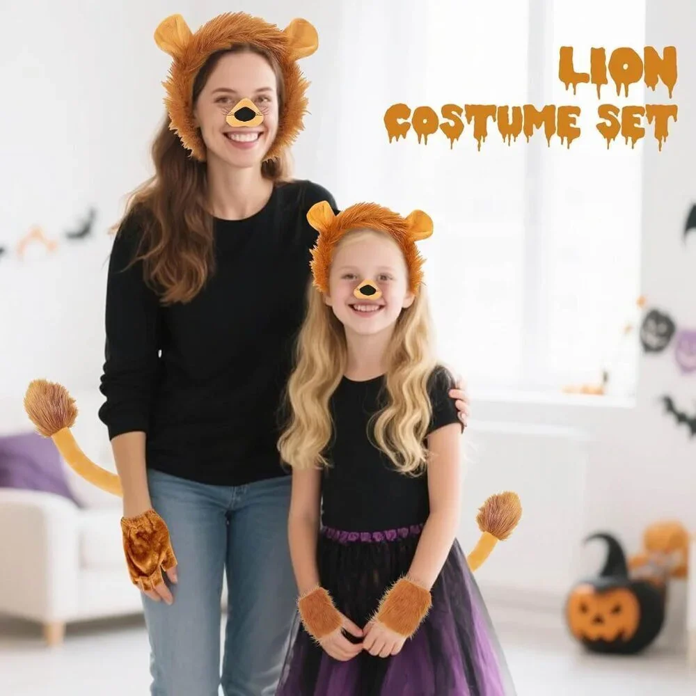 Lion Costume Set for Adults Including Ear Headband Tail & Paw Gloves
